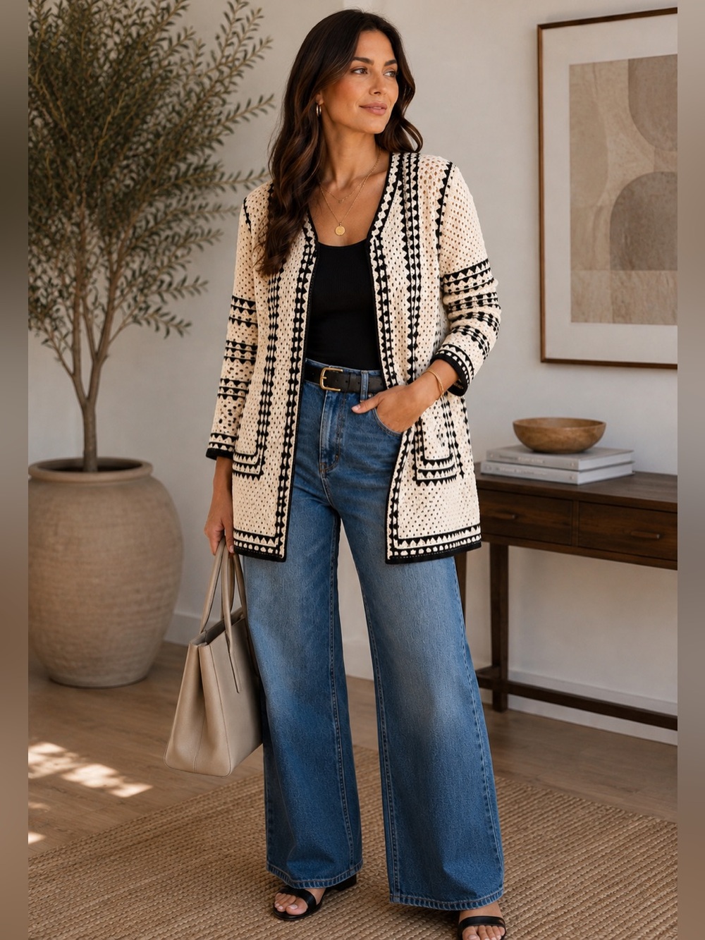 ShopEvelynne Cream & Black Open-Front Crochet Cardigan